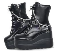 Gothniero Womens Combat Motorcycle Boots Black and Red Platform Chunky Ankle Moto Festival Rave Goth booties for Women Punk emo Boot with Metal Chains Side Zip Round Toe Size 3UK-8UK