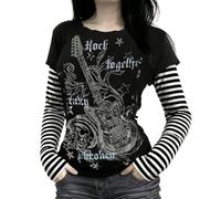 GOTHPICKUS Womens Y2K Stripe Vintage Graphic Sweatshirt 2000s Grunge Slim Fit Long Sleeve Tops Punk Retro Alt Pullovers, Black3, Large