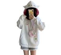 GOTHPICKUS Y2K Kawaii Embroidery Spot Hoodies Zip Up Drawstring Cute Cat Ear Ribbed Jacket Oversize Casual Streetwear, White, XL