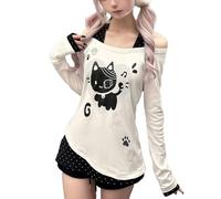 GOTHPICKUS Y2K Off Shoulder Kawaii Cute Graphic Sweatshirt Casual Long Sleeves Hrajuku Tops Cat Print Pullover Sweatshirts, White, S