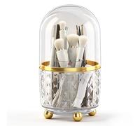 GOTOBA 360° Rotating Pencil Holder for Desk, Makeup Brush Holder with 6 Slots, Desk Organizer for Writing Utensil, Office and School Supplies (Clear with cover)