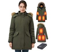 GOTOBI Women Heated Jacket with Power Bank 12V 18400mAh, 8 Heating Zones, Heated Jacket with 4 Temperature Levels, Long Winter Down Coat for Cycling, Camping & Outdoor Work, Green