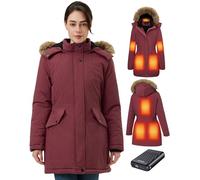 GOTOBI Women Heated Jacket with Power Bank 12V 18400mAh, 8 Heating Zones, Heated Jacket with 4 Temperature Levels, Long Winter Down Coat for Cycling, Camping & Outdoor Work, Claret