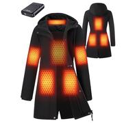GOTOBI Women's Heated Jacket with Power Bank 12V 18400mAh, 8 Heated Zones with 3 Temperature, Fleece Lining Windproof Long Winter Coats, Hooded Warm Waterproof Windbreaker, Black,XS