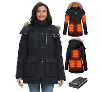 GOTOBI Women's Long Heated Jacket with Power Bank 12V 18400mAh, 8 Heating Zones Hooded Winter Coat with 3 Temperature Levels, Warm Jacket for Cycling, Camping & Outdoor Work, Black,S