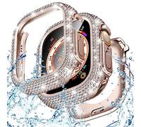 Goton 2 in 1 Waterproof Bling Case for Apple Watch Ultra Screen Protector 49mm, Full Glitter Diamond Rhinestone Bumper Face Cover for iWatch Ultra Accessories 49mm Original Rose Gold