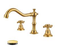 Gotonovo 3 Hole Widespread Bathroom Sink Faucet Double Cross Handle Mixer Tap for Bathroom Sink Vanity Faucet Deck Mount Basin Hot Cold Water Matching Pop Up Drain Polished Gold