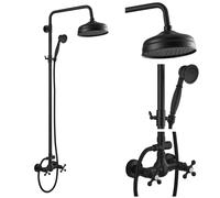 gotonovo Bathroom Exposed Shower Fixtures 8 Inch Rain Showerhead Double Cross Handles 2 Function Wall Mount Shower Faucet Set, Brass Handheld Spray, Matte Black