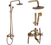 gotonovo Exposed Bathroom Shower Faucet Wall Mounted Outdoor Shower System 8 Inch Shower Head and Tub Spout Double Cross Handles Adjustable Handheld Sprayer without Shower Shelf Antique Brass