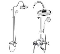 gotonovo Exposed Bathroom Shower System 8 Inch Rainfall Shower Head Handheld Spray Tub Filler Brass Pipe 3-Function Wall Mount Double Cross Knobs Vintage Curved Bar Polished Chrome