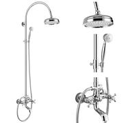 gotonovo Exposed Bathroom Shower System Classic Shower Kit 8 Inch Luxurious Rainfall Shower Head Handheld Spray Tub Filler Brass Pipe 3-Function Wall Mount Double Cross Knobs Polished Chrome