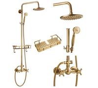 gotonovo Exposed Shower Faucet Set with Shower Shelf 8 inch Rainfall Shower Head with Handheld Sprayer Double Cross Handles Shower System Dual Functions Wall Mounted Antique Brass