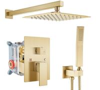 gotonovo Rainfall Bathroom Shower System Rain Shower Head and Handle Set Wall Mounted Shower Complete Combo Solid Brass Pressure Balancing Shower Mixer Valve 10 Inch Brushed Gold