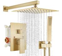 gotonovo Rainfall Bathroom Shower System Rain Shower Head and Handle Set Wall Mounted Shower Complete Combo Solid Brass Pressure Balancing Shower Mixer Valve 12 Inch Brushed Gold