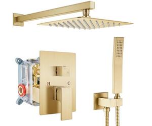 gotonovo Rainfall Bathroom Shower System Rain Shower Head and Handle Set Wall Mounted Shower Complete Combo Solid Brass Pressure Balancing Shower Mixer Valve 10 Inch Brushed Gold