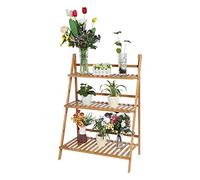 GOTOTOP 3 Tier Bamboo Flower Pot Stand Shelf, Foldable Flower Plants Rack Organizer Holder Display Stand-alone Storage Shelf Ladder Outdoor/Indoor (Wood Color)