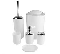 GOTOTOP Bathroom Accessory Set, 6-Piece Plastic Set: Toothbrush Holder, Soap Dispenser, Soap Dish, Toilet Brush Holder, Trash Can, Rinsing Mug (White)