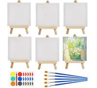 GOTRUST 6pcs Mini Canvas and Easel Set, Small Easel Stand with Painting Boards, Adjustable Wooden Tabletop Display Easels with 6pcs Paint Brushes for Oil Painting, Drawing, Artist