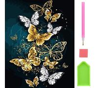 GOTRUST Butterfly Diamond DIY Painting, 5D Diamond Art Kit for Adults Kids, Rhinestone Embroidery Full Drill Set, Gold White Butterfly Crystal Paint Art by Numbers Picture for Wall Decor 30x40cm