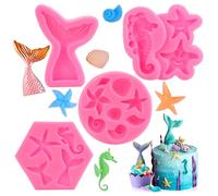 GOTRUST Mermaid Silicone Cake Moulds, 4PCS DIY Marine Theme Fondant Mould Set, 3D Mermaid Tail Baking Molds, Marine Animals Seashell Candy Mold for Chocolate Cupcake Decorations