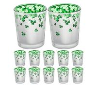 GOTTAJOY 12sets St. Patrick's Day Shamrock Green Glass Candle Holders with Lucky Four Leaf Clover Design for Festive Home Decor Holiday Bar Cafe Celebrations