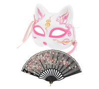 GOTTAJOY 1set Japanese Fox Mask with Folding Hand Fan Animal Half Face Kimono Costume Accessory for Halloween Masquerade Party