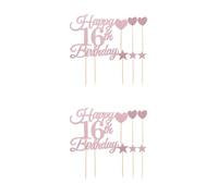 GOTTAJOY 2 Sets Happy Birthday Cake Toppers Glitter 16th Anniversary Reusable Cupcake Picks with Star and Heart Sign for Party Decorations