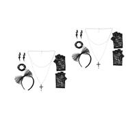 GOTTAJOY 2sets 80s Retro Party Costume Accessories Set with Lace Headband Fingerless Gloves Crucifix Necklace Earrings Bracelets for Halloween Fancy Dress