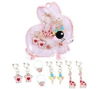 GOTTAJOY 4pairs Adorable No Piercing Clip on Earrings with Cartoon Giraffe Finger Rings for Little Girls Princess Birthday Party Jewelry Set