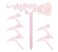 GOTTAJOY 6pcs Mom Acrylic Cake Toppers with Floral Designs for Mother's Day in Pink Glitter and Gold-rose Colors