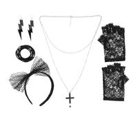 GOTTAJOY 80s Retro Party Costume Set with Lace Headband Fingerless Gloves Crucifix Necklace Earrings and Bracelets for Halloween Fancy Dress 6pcs