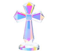 GOTTAJOY Crystal Standing Cross Decor Colorful Glass Religious Holy Prayer Figurine Crucifix Ornament for Home Office Tabletop Decoration