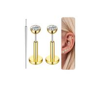 Gotumo Titanium Flat Stud Earrings Wireless Tragus Labret Cartilage Lip Jellyfish Conch Hypoallergenic Jewelry for Men Women, 16G Bar Lengths 6mm & CZ 3mm, Titanium Metal, Cubic Zirconia 2
