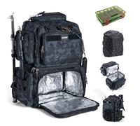 Goture 53L Insulated Fishing Tackle Bag with Rod Holders, 600D Large Lure Fishing Bag Contain 8 Soft Lure Bag, Water-Resistant Tackle Backpack With Rain Cover for Camping Hiking (Bag and 2 3600 Boxes)