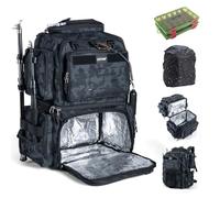 Goture 53L Insulated Fishing Tackle Bag with Rod Holders, 600D Large Lure Fishing Bag Contain 8 Soft Lure Bag, Water-Resistant Tackle Backpack With Rain Cover for Camping Hiking (Bag and 2 3600 Boxes)