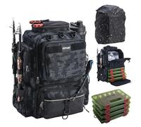 Goture Fishing Tackle Backpack with Rod Holders,4 Tackle Boxes, 8 Lure Pockets, 45L 600D Large Fishing Bag with Rain Cover, A1:camo Fishing Backpack With 4 Tackle Box, Camo
