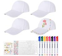 goubinZH 4 Pieces DIY Kids Baseball Cap White Cotton Blank Art Painting Hat Adjustable Casual Beach Sun Hats with Colored Sticks Painting Templates and Box for Children Outdoor Sports Activities Camp