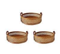 Goufride 3X Rattan Woven Storage Basket Room Round Placing Tray for Fruit Bread Breathable Desktop Organizer -Brown