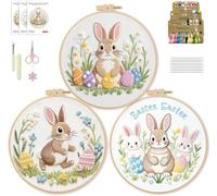 GOUHIDAMAI Easter Embroidery Kit for Beginners, 3PCS DIY Hand Embroidery Set with Bunny Egg Floral Patterns, Including Hoop Thread Needles, Easter Craft Sewing Gift for Women Teens Girls