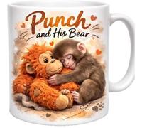 GOUHIDAMAI Punch and His Bear Mug, Cute Monkey with Orangutan Teddy Design, 11oz Ceramic Coffee Cup, Cute Dinking Cup Gift for Family and Animal Lover