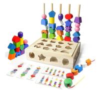 Goujfol Beads Sequencing Toy Set, Montessori Toy from 3 4 5 Years, Wooden Toy Threading Game Building Blocks Sorting Game for Children, Wooden Stacking Game for Baby Boy Girl