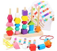 Goujfol Montessori Toys Bead Sequencing Set, Wooden Stacking Blocks & Lacing Beads & Matching Shapes Colors Stacking Toy Juguet
