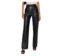 GOUJIAN Women's Faux Leather Trousers, Solid Color, Pockets, High Waist, Straight Leg, Wide Leg, Leggings, Slim Fit, Vintage, Black Holes, Solid Color Wide Leg Casual Trousers(Noir,S)