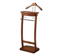 GOUOLSO Freestanding Clothes Valet Stand, All Solid Wood Clothes Rack with Shelves and Drawers Floor Standing Clothes Valet with Curved Wide Shoulder Hanger and Shoe Rack