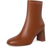 GOUPSKY Ankle Boots for Women Chunky Block Heel Boots Square Toe Side Zipper Short Women's Booties, Brown, 4.5 UK