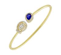 GOURIK 14K Gold Plated Lab Created Blue Sapphire & Simulated Diamond Open Bangle for Women | September Birthstone Cuff Bracelet | Handmade Jewelry Gift for Her