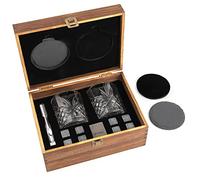GOURMEO Whisky Stones and Whisky Glasses Gift Sets for Men - Whiskey Glasses, Ice Tong & Coasters with A Wooden Box for Boyfriend - Whisky Stones & Glass Gifts Set for Fathers Day