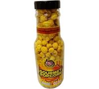Gourmet caramel popcorn in a reusable bottle is a sweet, crunchy snack that is ready to eat. It comes in a large clear plastic jar and is a great movie night treat.