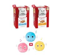 GOURMET Mon Petit Intense Wet Cat Food Pouches - 4 Boxes (24 x 50g, 6 Flavours: Cod, Sardine, Salmon, Turkey, Chicken & Duck) Bundled With 1 Chirping Plush Ball Toy by Happy Feeling Gifts