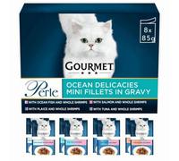 Gourmet Ocean Delicacies Mini Fillets in Gravy Adult Wet Cat Food 85g x 8 (2 each with Shrimp - Salmon, Ocean Fish, Plaice, Tuna) with Welari Thank You Card | (8 Pack)